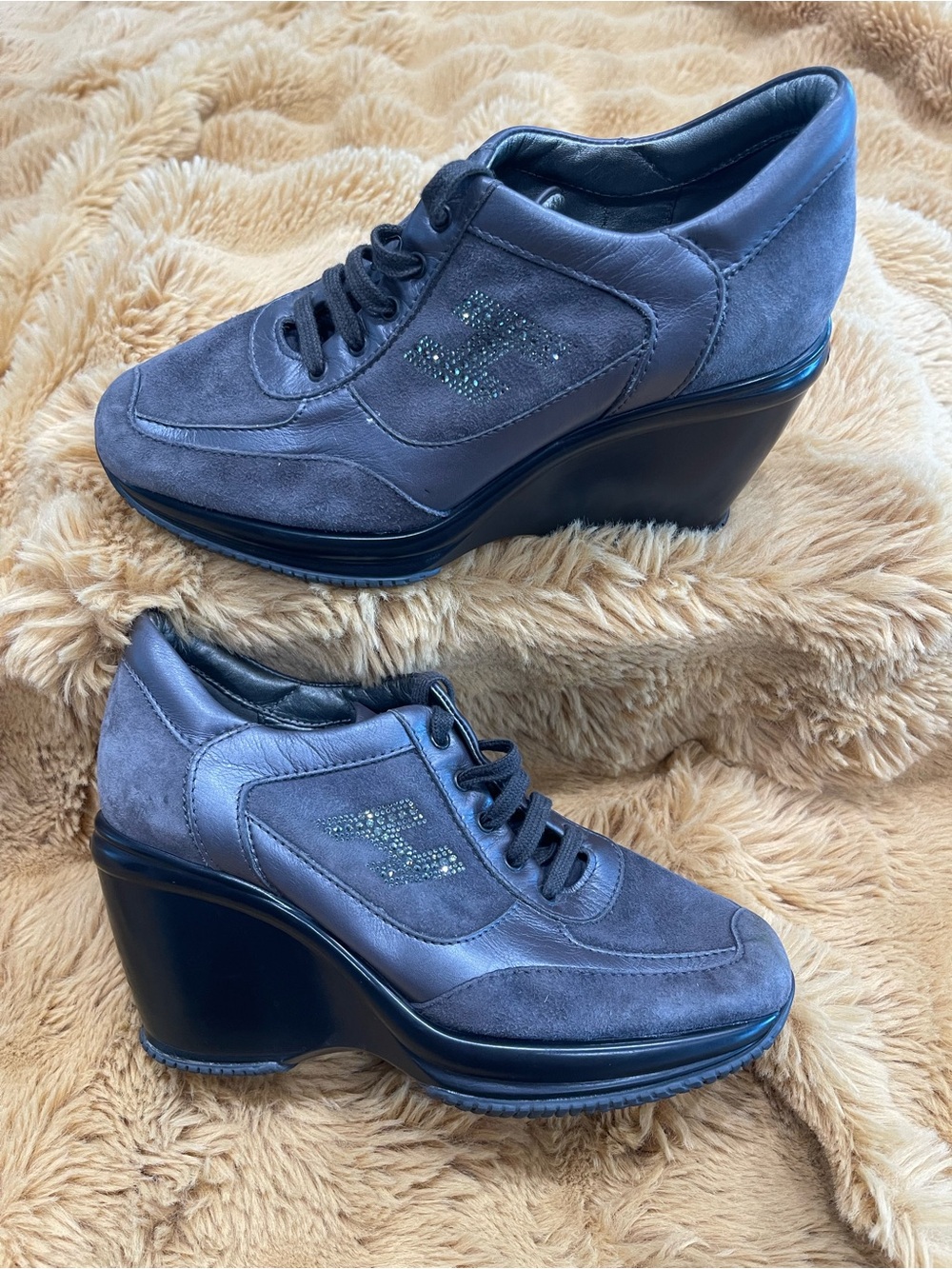 Hogan Gray Suede Wedge Lace-Up Sneakers